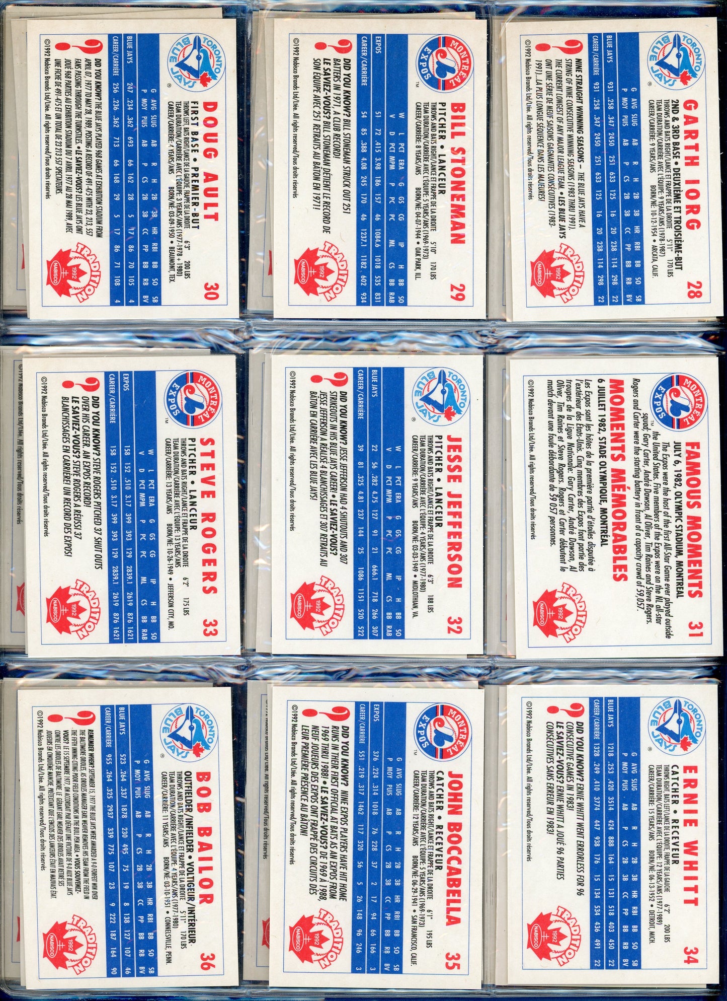 1992 Nabisco Canada Tradition Montreal Expos Toronto Blue Jays Baseball Complete Set in Branded Binder (36 Cards)