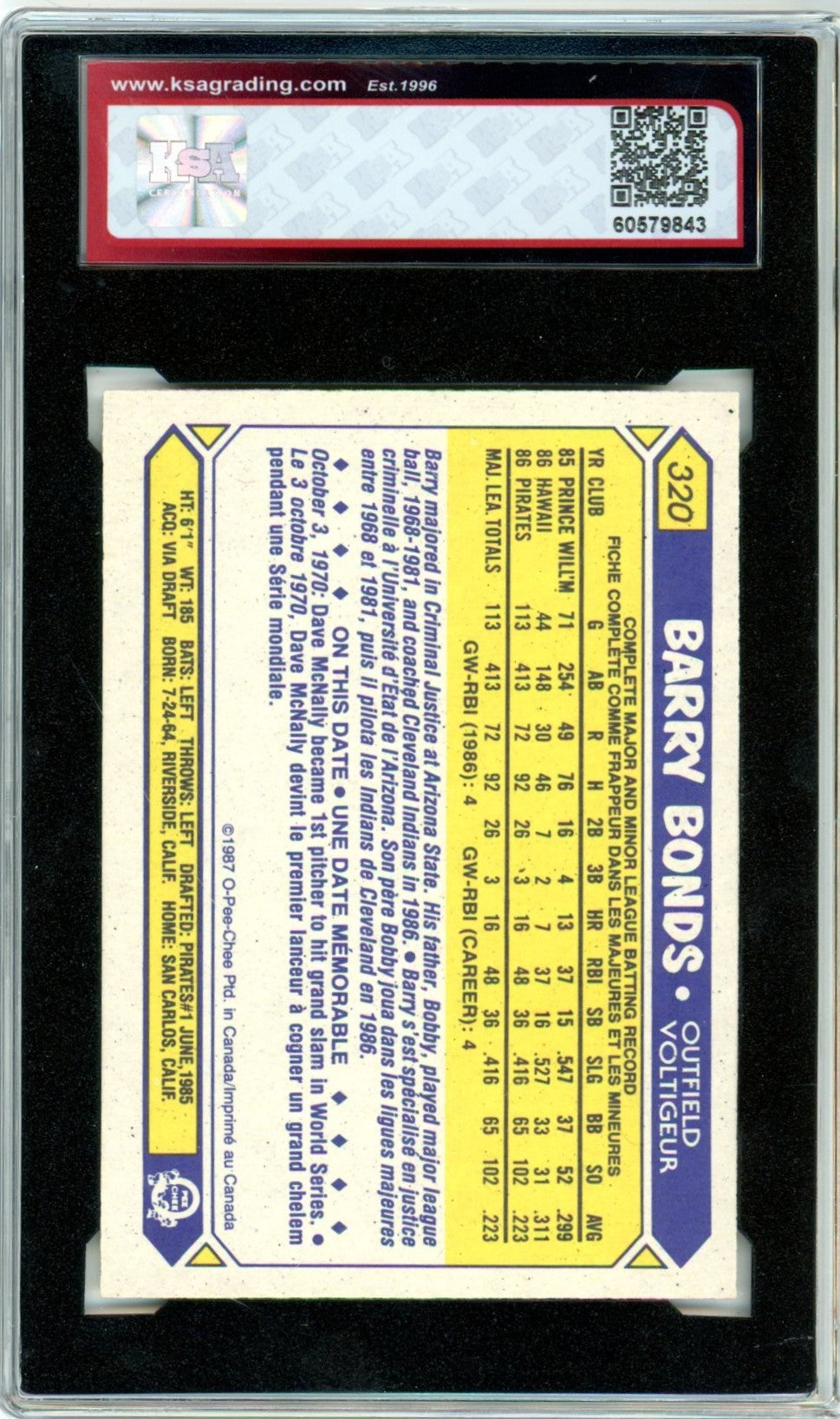 1987 OPC O-Pee-Chee Barry Bonds #320 Graded Rookie Card KSA 4.5