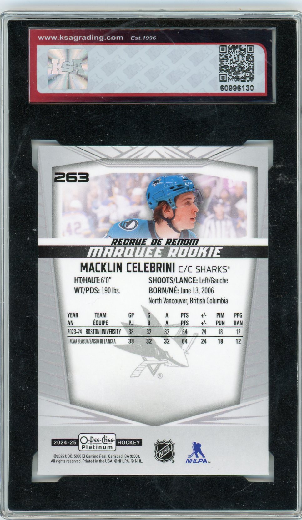 2024/25 O-Pee-Chee Platinum Macklin Celebrini #263 Marquee Rookie Graded Hockey Card KSA 9