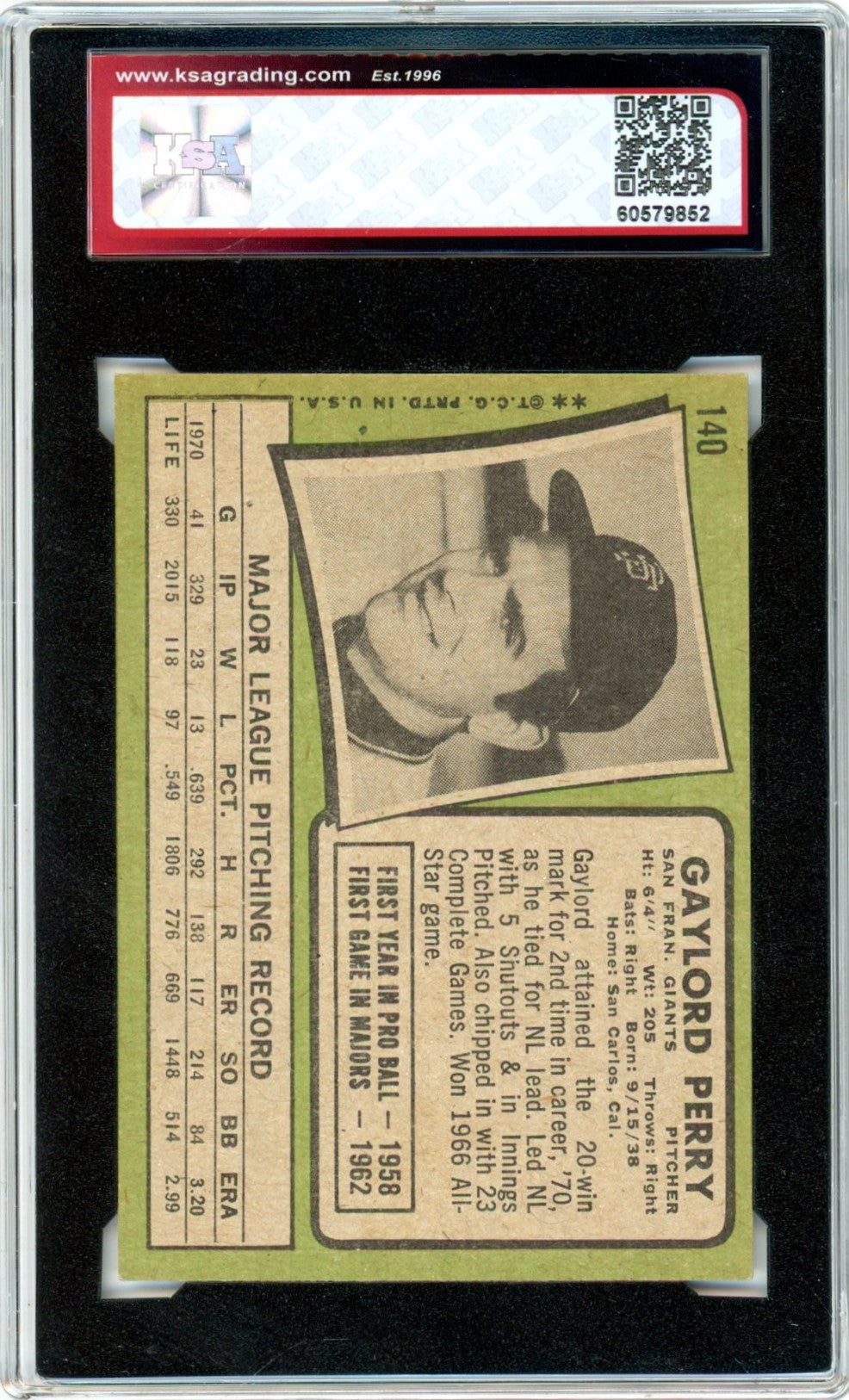 1971 Topps Gaylord Perry #140 Graded Baseball Card KSA 5.5