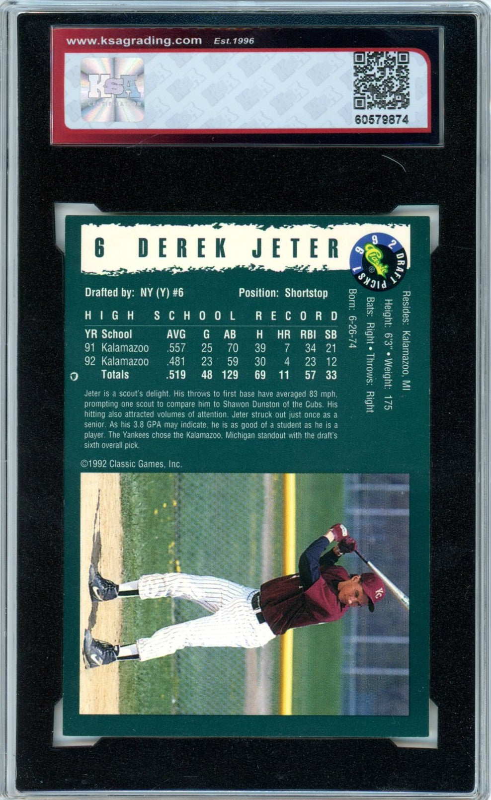 1992 Classic Draft Picks Derek Jeter #6 Graded Baseball Rookie Card KSA 8