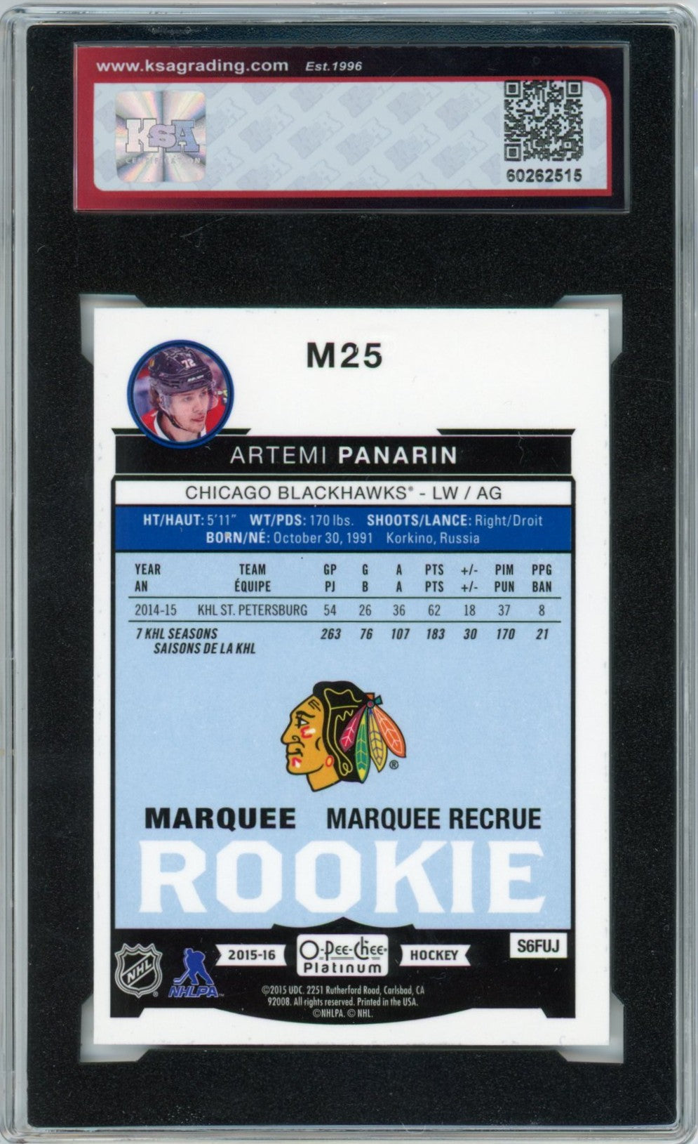 2015/16 OPC O-Pee-Chee Platinum Artemi Panarin Graded Rookie Card #M25 KSA 9
