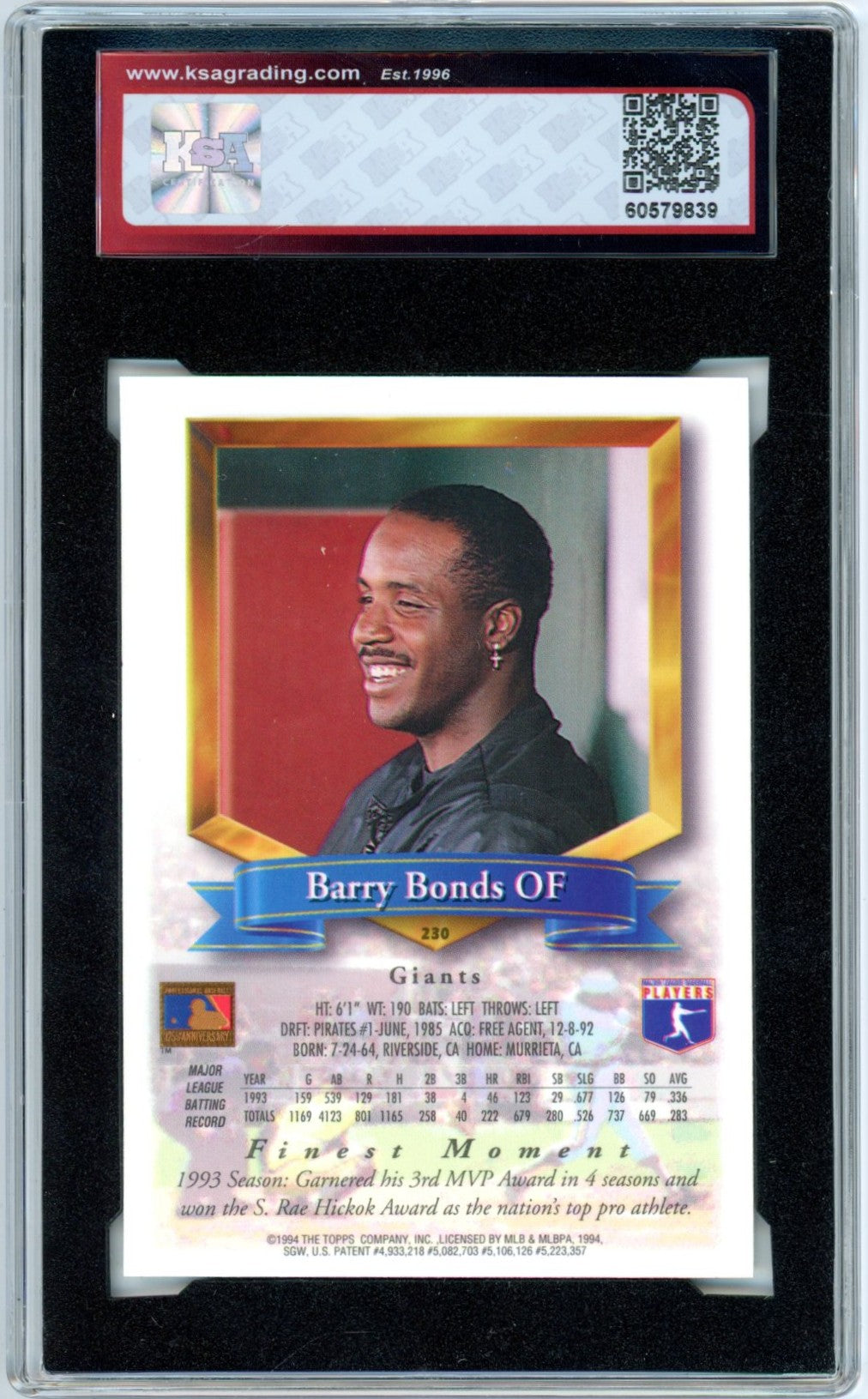 1994 Topps Finest Barry Bonds Finest Moment #230 Graded Baseball Card KSA 8.5