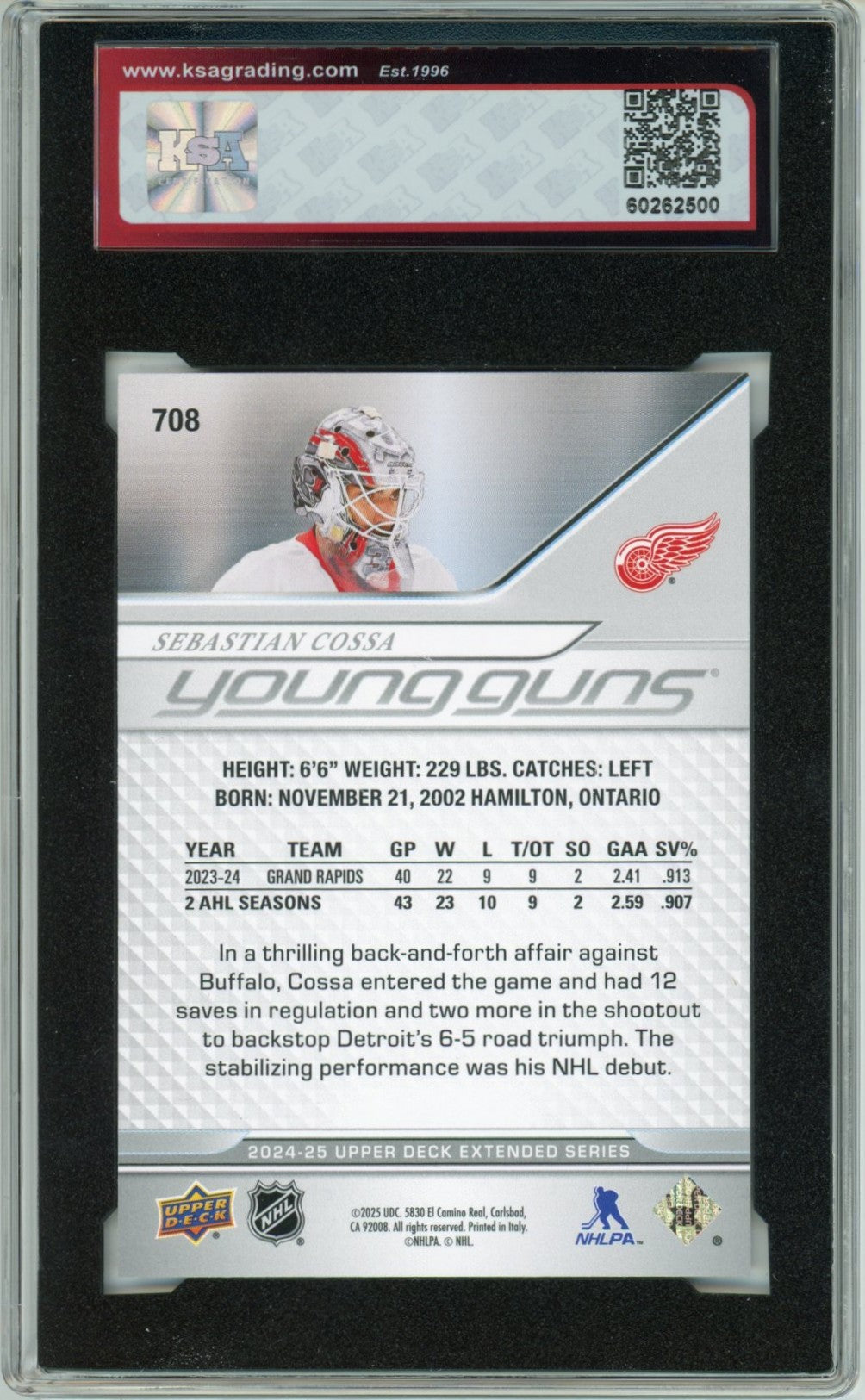 2024/25 UD Extended Sebastian Cossa Graded Young Guns Rookie Card #708 KSA 10 Gem Mint