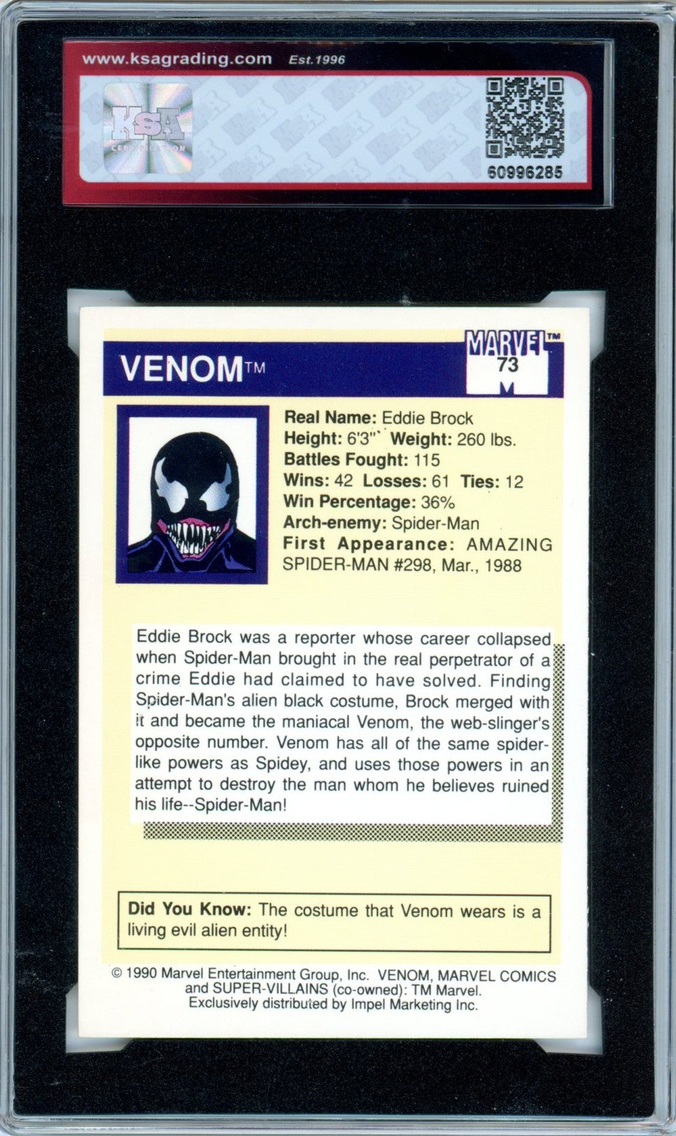 1990 Impel Marvel Universe Venom #73 Super-Villains Graded Card KSA 7