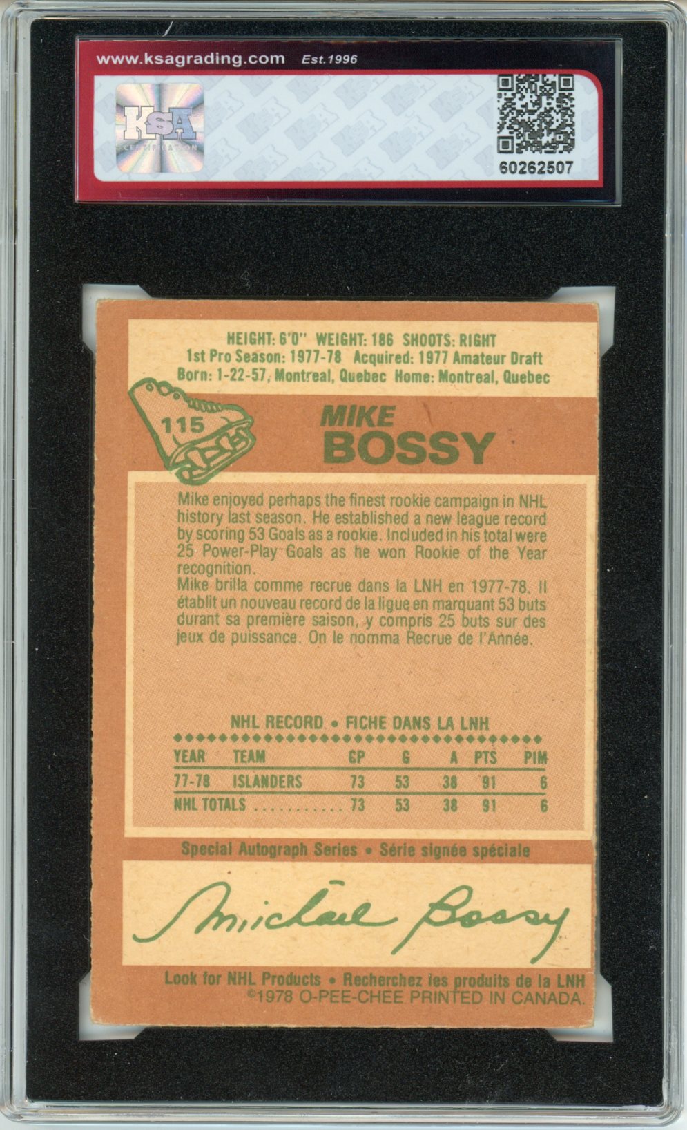 1978/79 OPC O-Pee-Chee Mike Bossy Graded Rookie Card #115 KSA 3.5