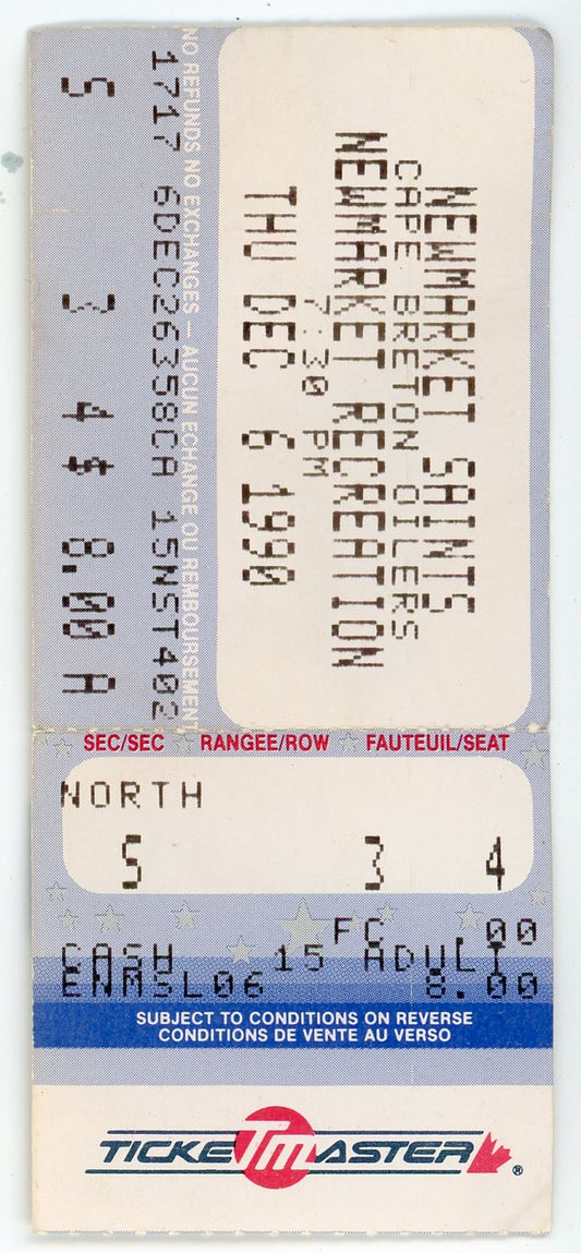 Saints vs. Cape Breton Oilers Vintage Ticket Newmarket Recreation (Newmarket, 1990)