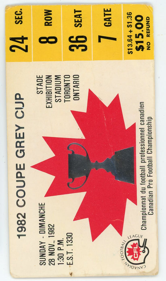 1982 Coupe Grey Cup Vintage Ticket Stub Exhibition Stadium (Toronto, 1982) Eskimos 5 Straight