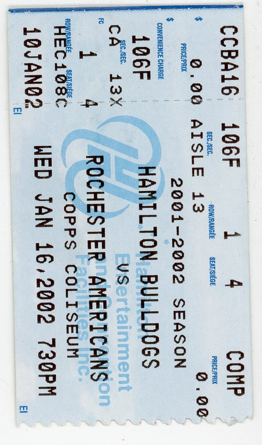 Bulldogs vs. Rochester Americans Vintage Ticket Copps Coliseum (Hamilton, 2002)