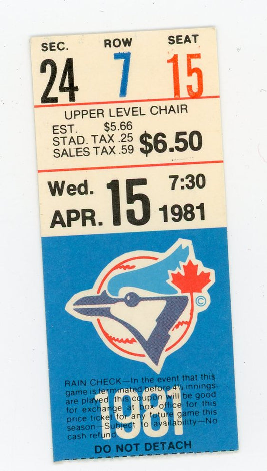 Toronto Blue Jays Vintage Game Ticket Exhibition Stadium (Toronto, 1981)