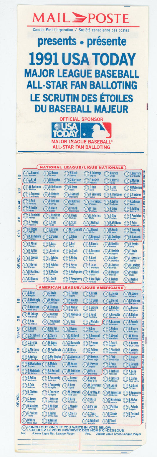 1991 USA Today Major League Baseball All-Star Game Fan Ballot RARE!