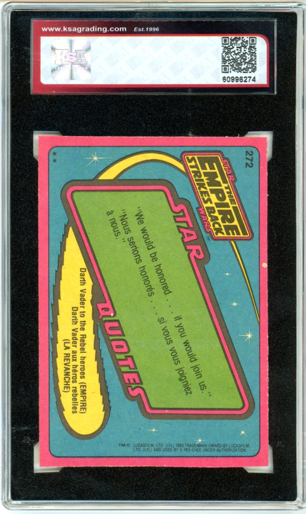 1980 OPC O-Pee-Chee Star Wars "Boba Fett" #272 Graded Card KSA 7