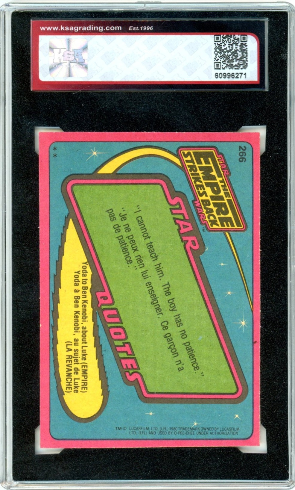 1980 OPC O-Pee-Chee Star Wars "Han Solo" The Empire Strikes Back #266 Graded Card KSA 7