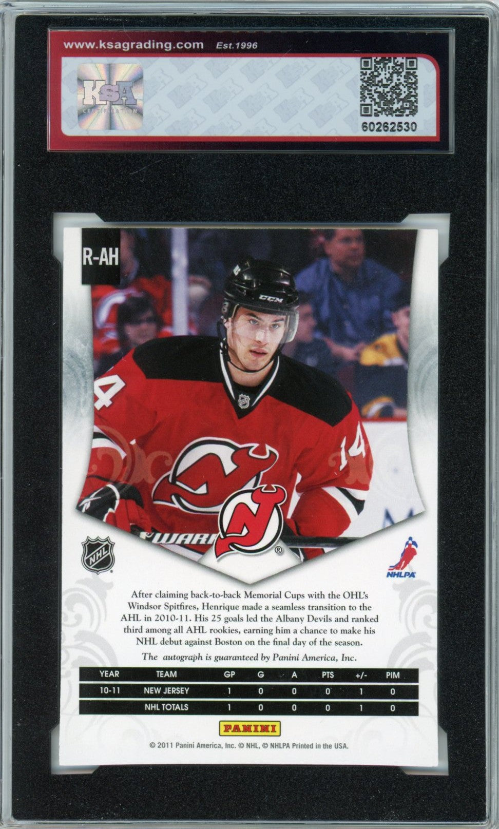 2011/12 Panini Pinnacle Adam Henrique Private Signings Graded Autograph Rookie Card #R-AH KSA 9 AUTO 10