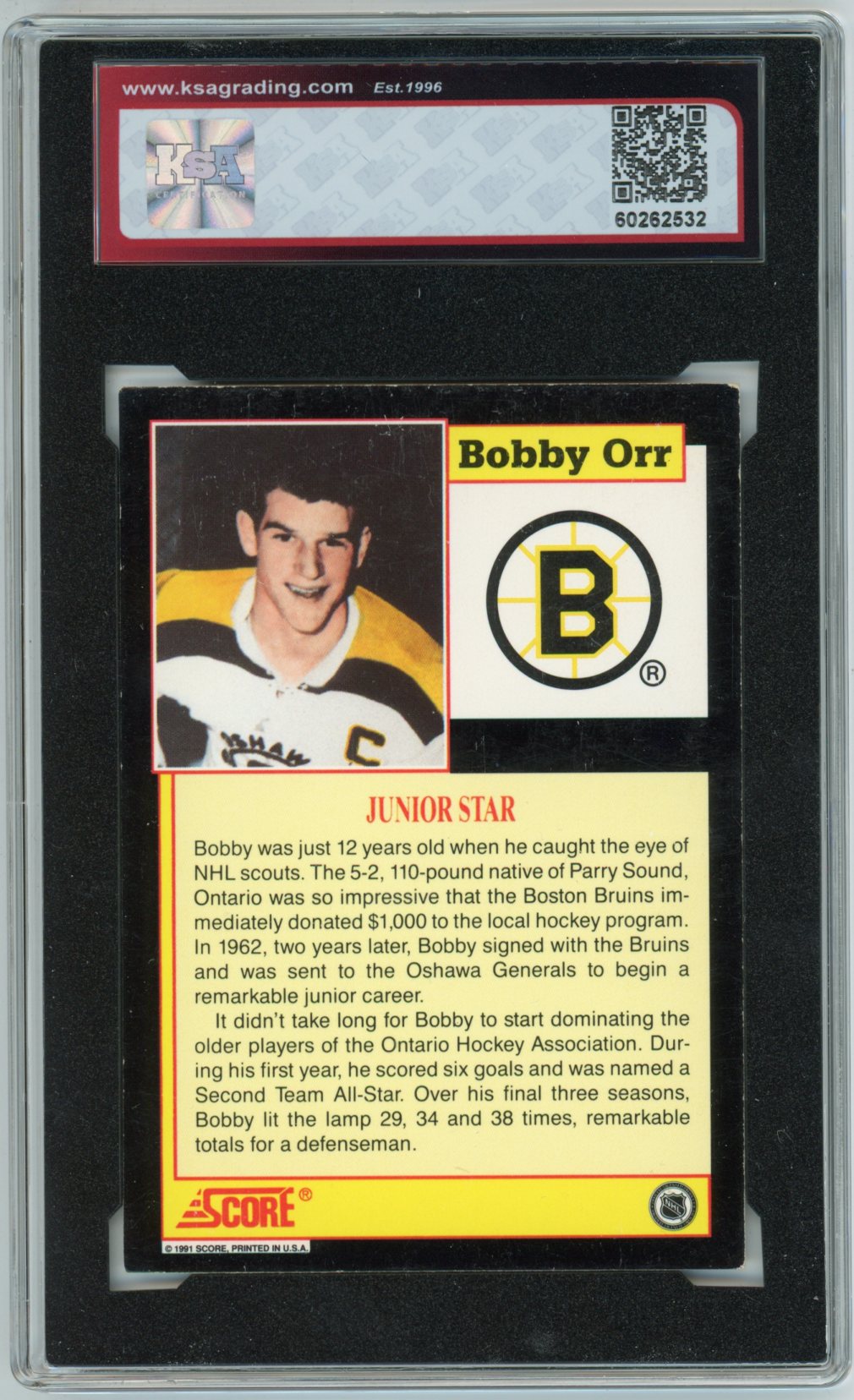 1991/92 Score Bobby Orr Graded Junior Star Autograph Card KSA Authenticated AUTO 8