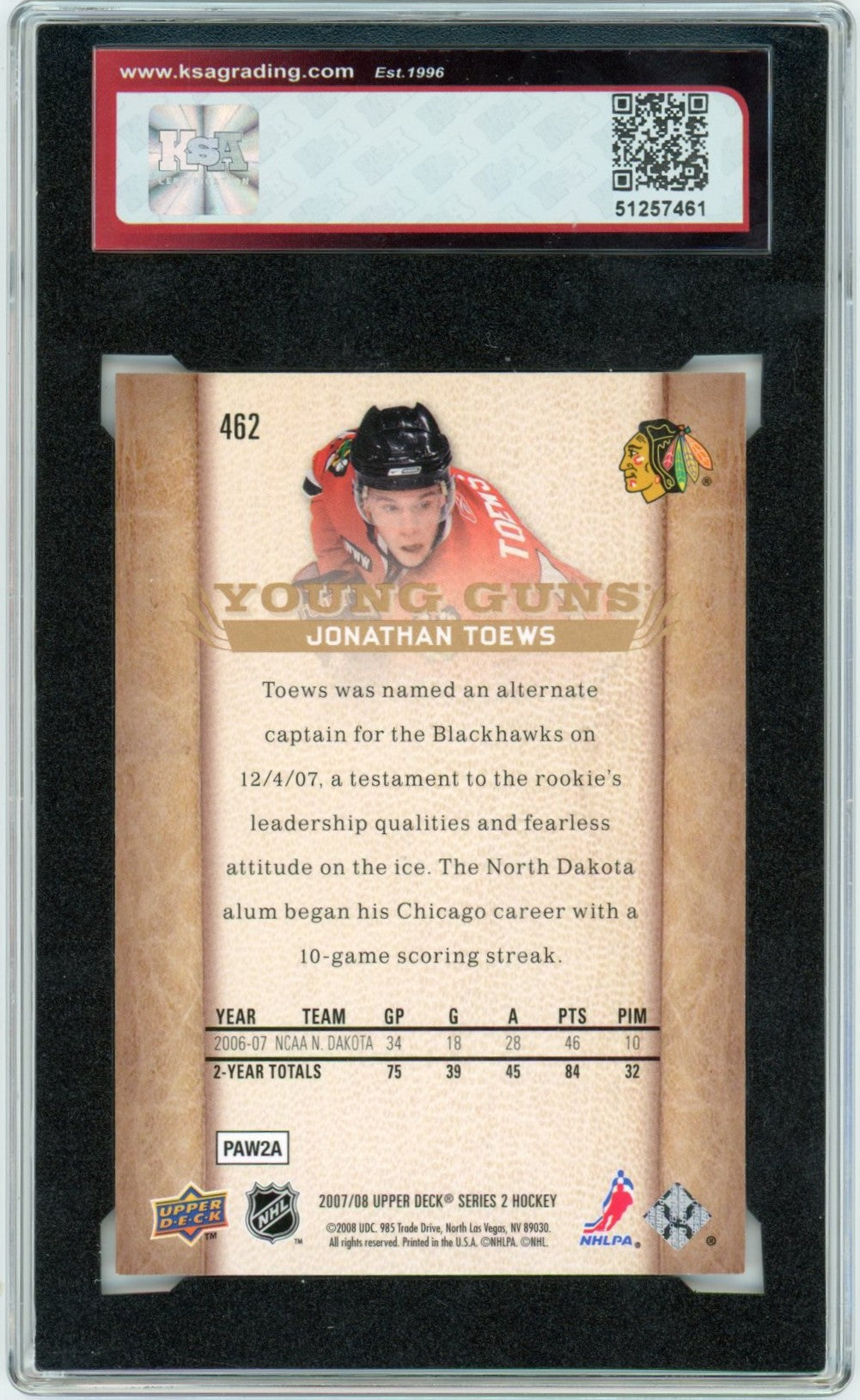2007/08 Upper Deck Jonathan Toews Graded Rookie Card #462 KSA 9.5