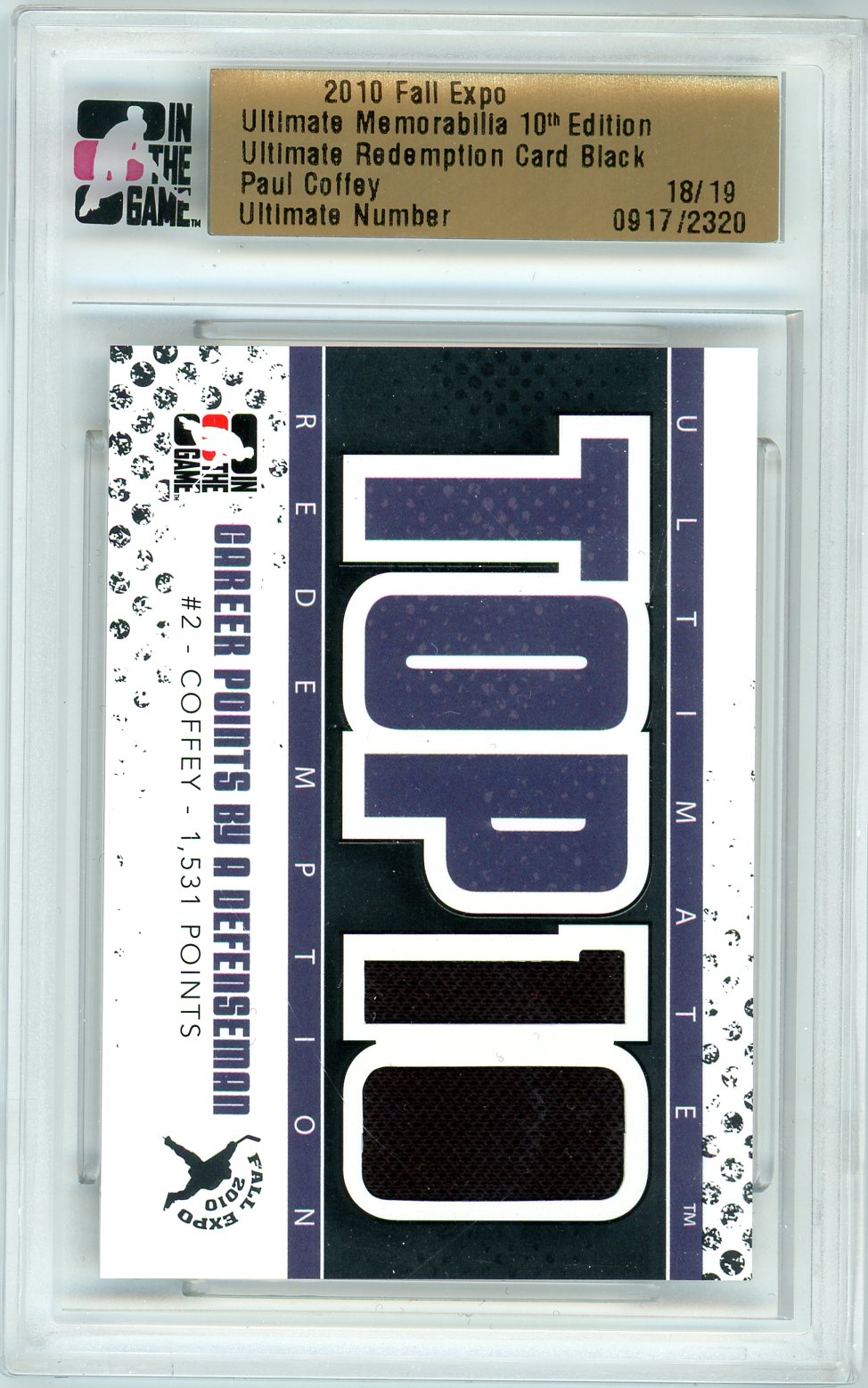 2010 In The Game Fall Expo Paul Coffey Graded Jersey Card ITG