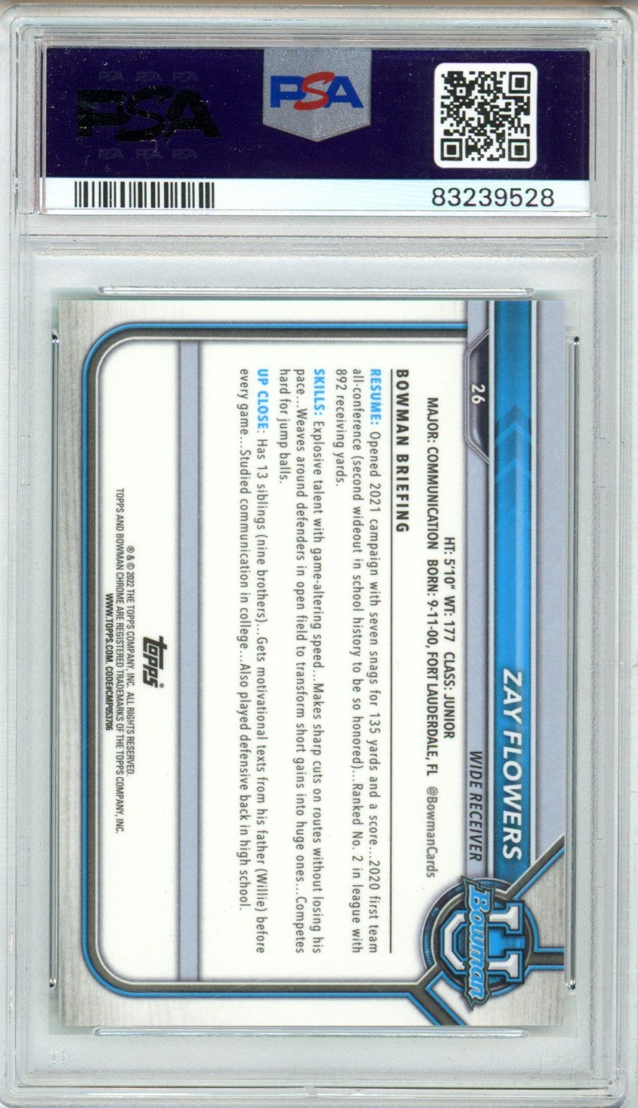 2021 Bowman University Zay Flowers Green Shimmer #26 Graded Rookie Card PSA 9