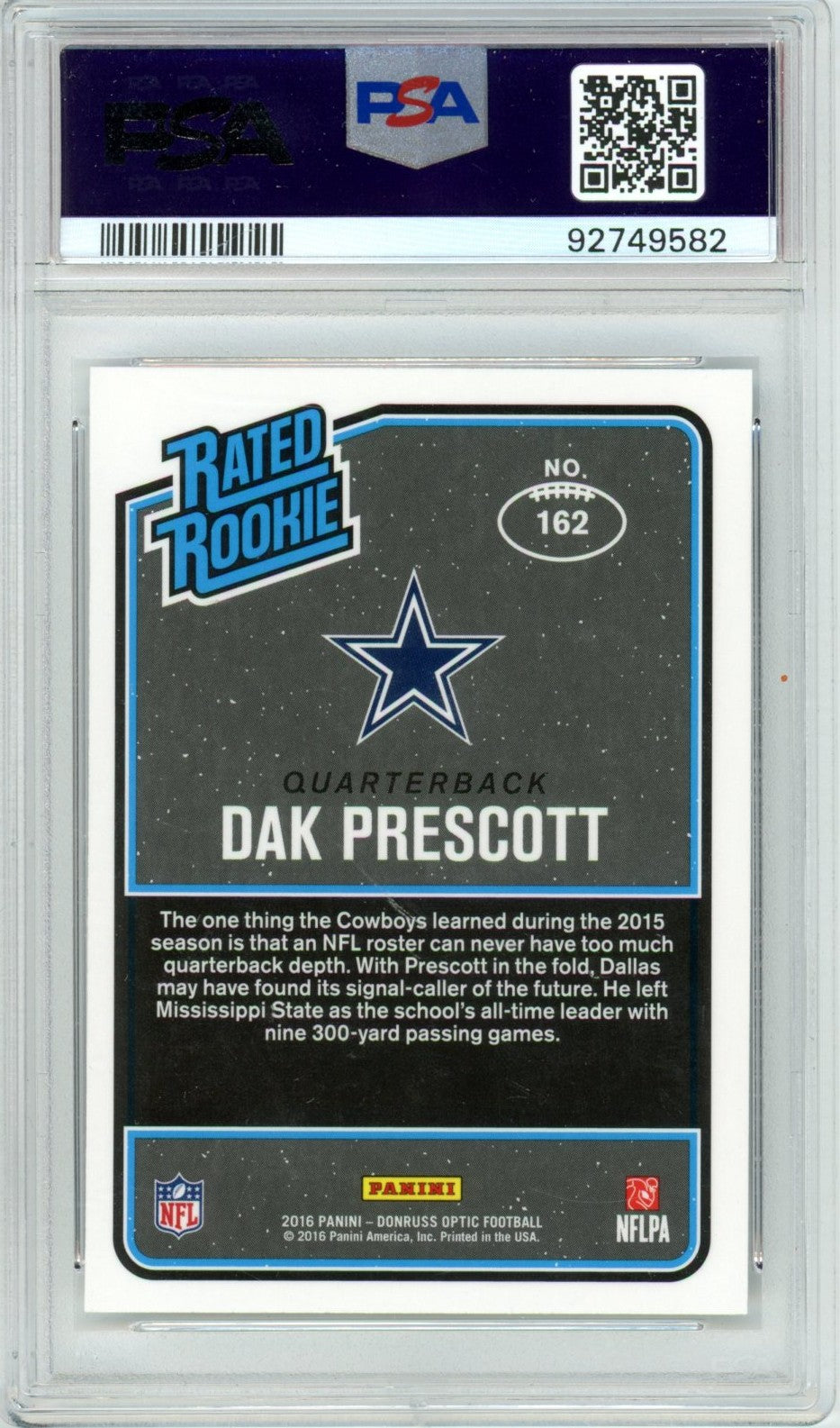 2016 Panini Donruss Optic Dak Prescott #162 Graded Football Card PSA 10