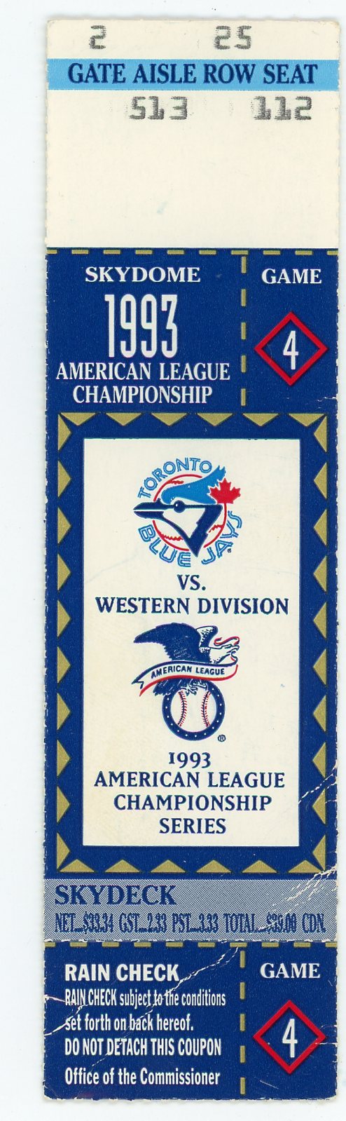 Blue Jays American League Championship Game 4 Vintage Ticket Stub Skydome (Toronto, 1993)