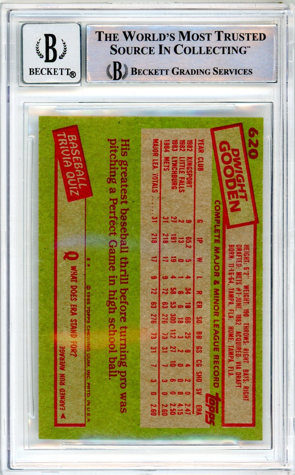 1985 Topps Dwight Gooden #620 Graded Autograph Card BGS 10