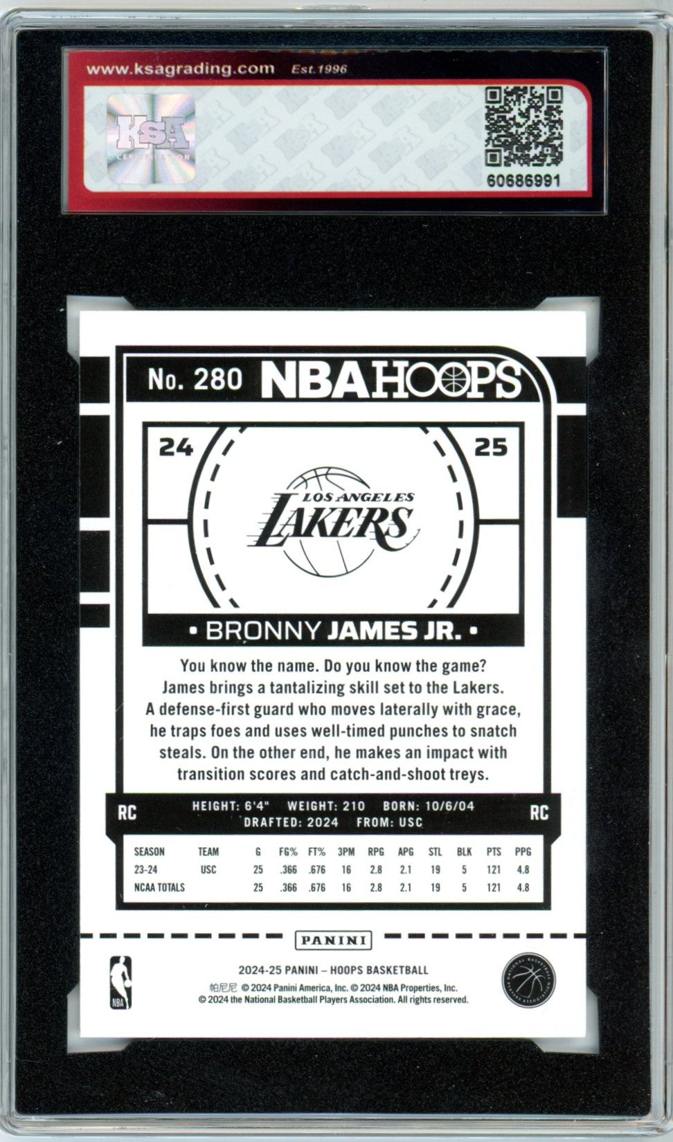 2024/25 Panini Hoops Bronny James Jr. #280 Graded Rookie Card KSA 8.5