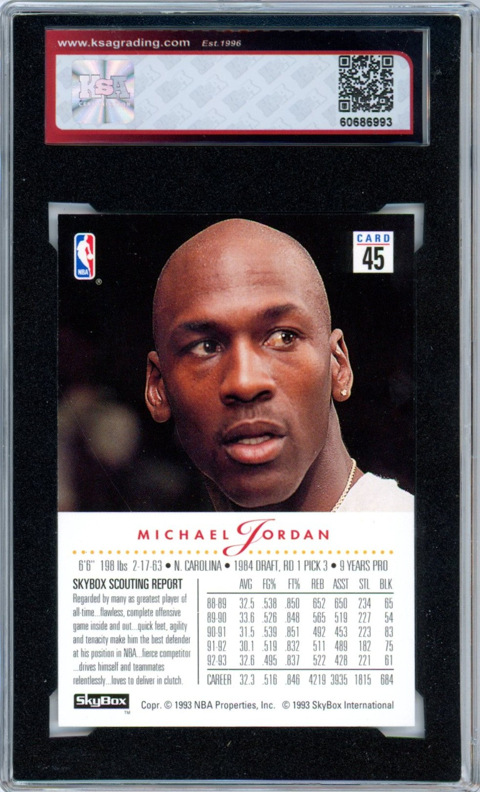 1993/94 Skybox Premium Michael Jordan #45 Graded Basketball Card KSA 9