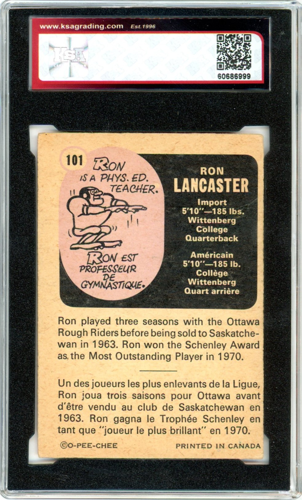 1971 OPC O-Pee-Chee CFL Ron Lancaster #101 Graded Football Card KSA 5