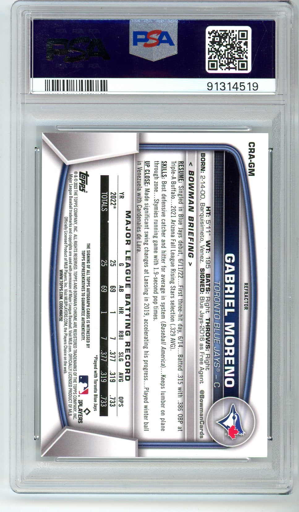 2023 Bowman Gabriel Moreno Chrome Autograph Refractor Graded Rookie Card PSA 9