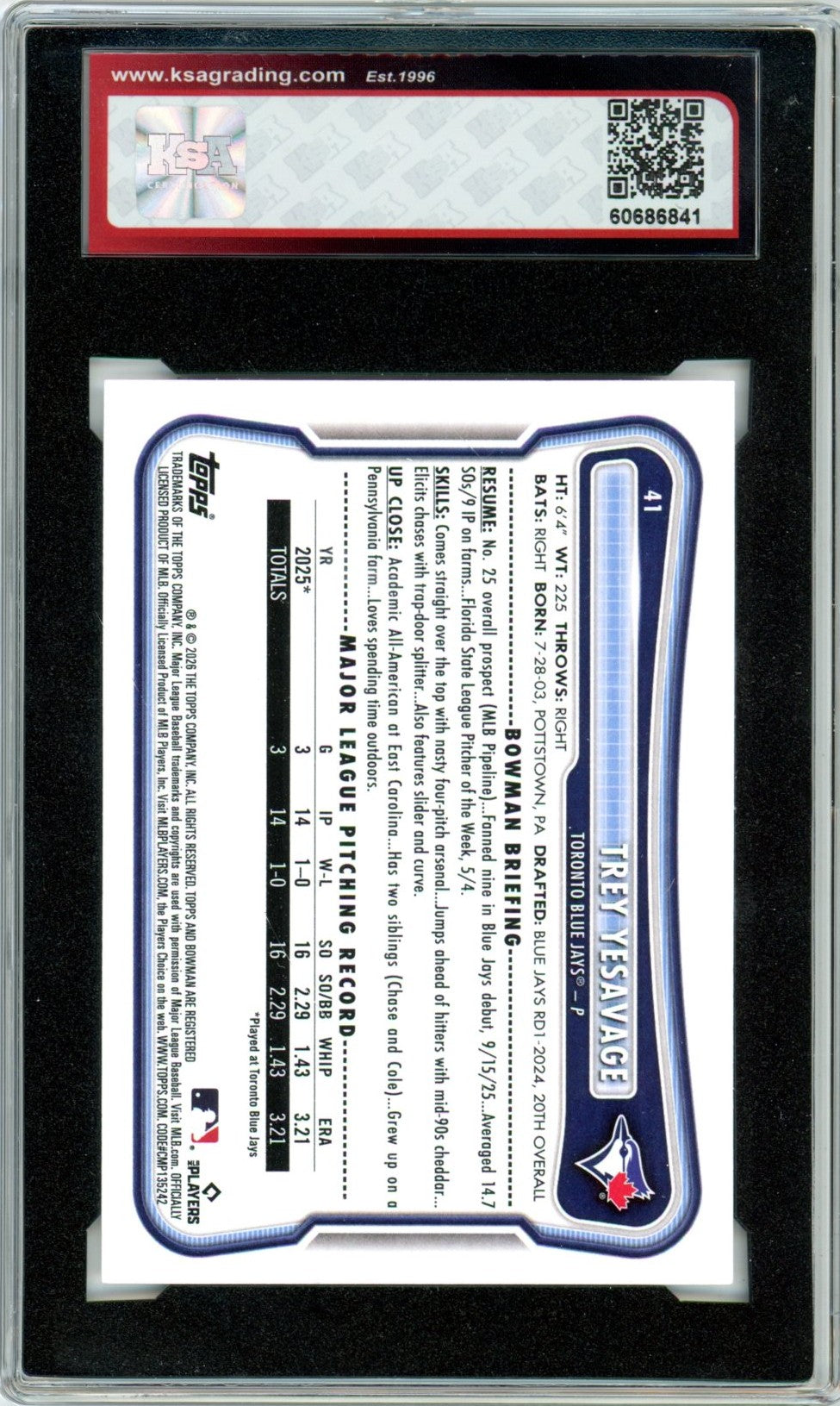 2026 Bowman Trey Yesavage #41 Graded Rookie Card KSA 8
