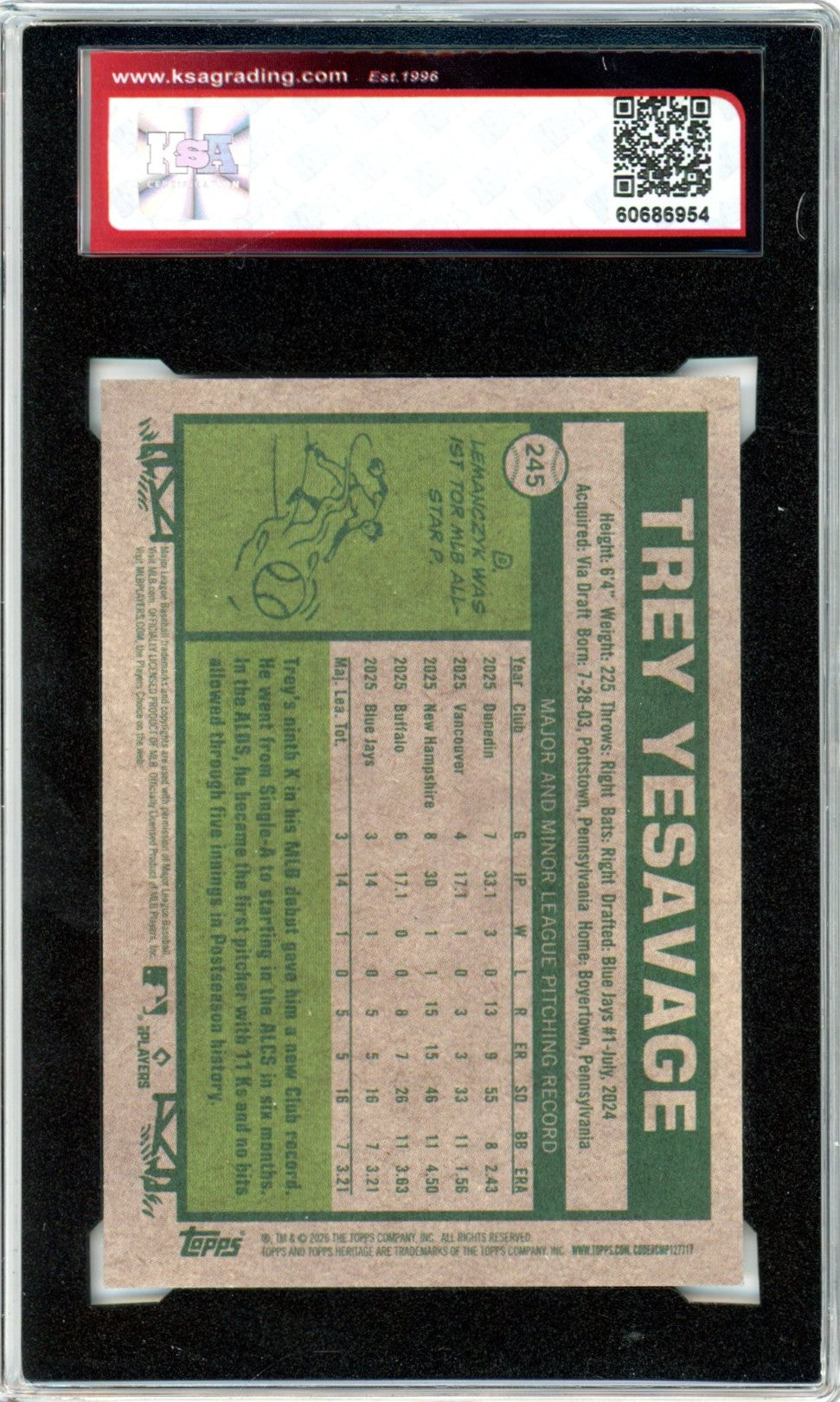 2026 Topps Heritage Trey Yesavage #245 Graded Rookie Card KSA 9