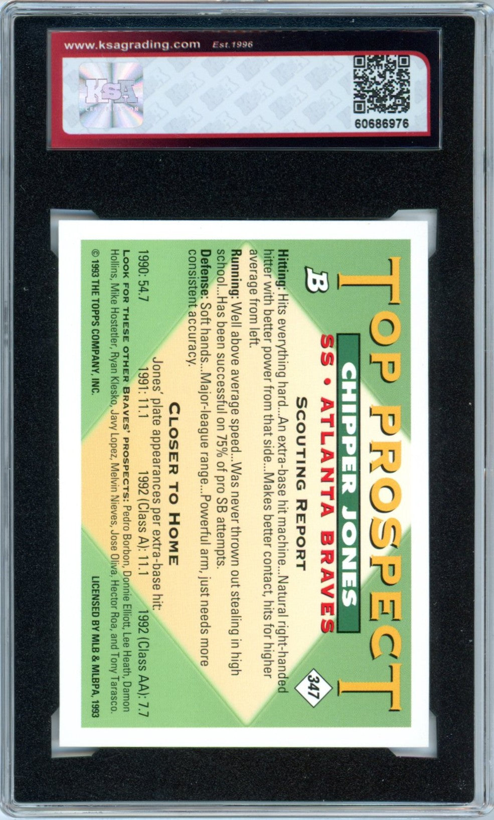 1993 Bowman Chipper Jones #347 Top Prospect Foil Graded Baseball Card KSA 9