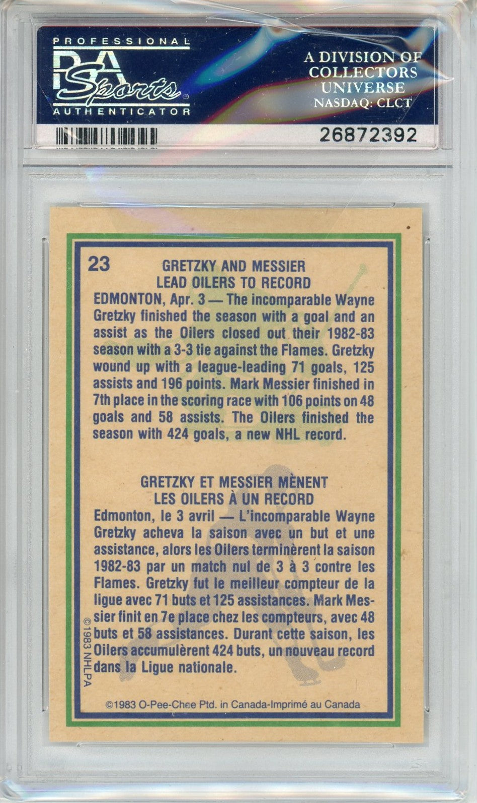 1983 OPC O-Pee-Chee Mark Messier / Wayne Gretzky Graded Card #23 PSA 10 POP 124