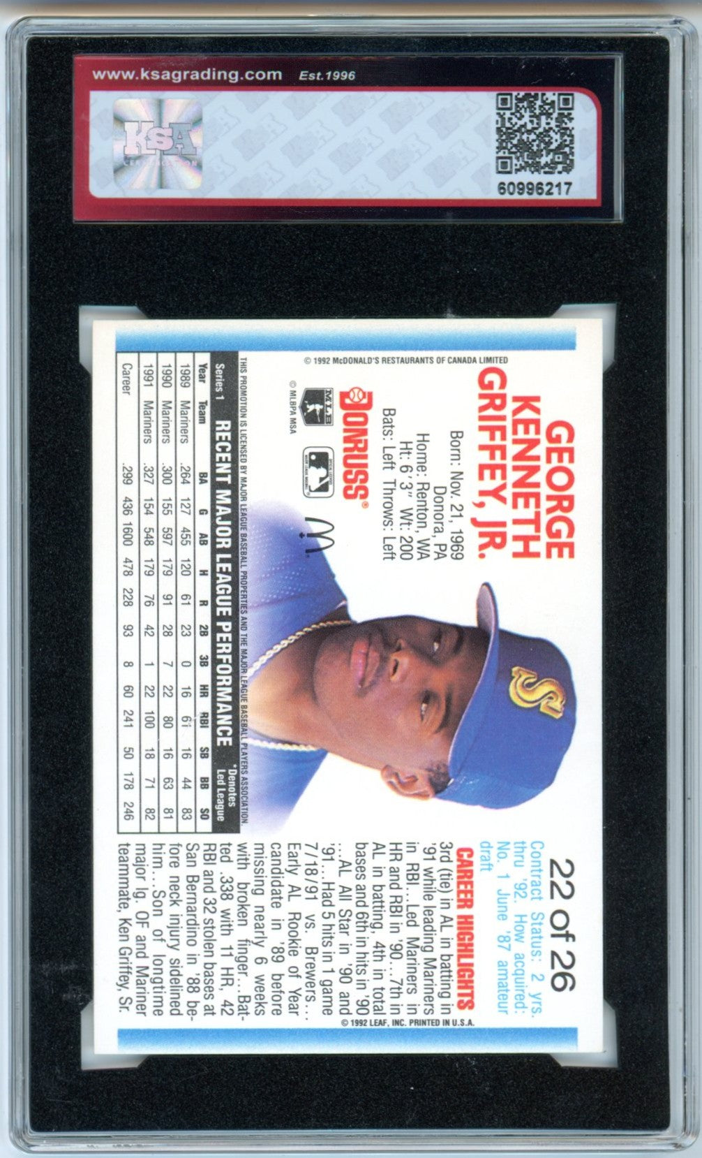 1992 Donruss McDonald's MVPs Ken Griffey Jr. #22 Graded Baseball Card KSA 8.5