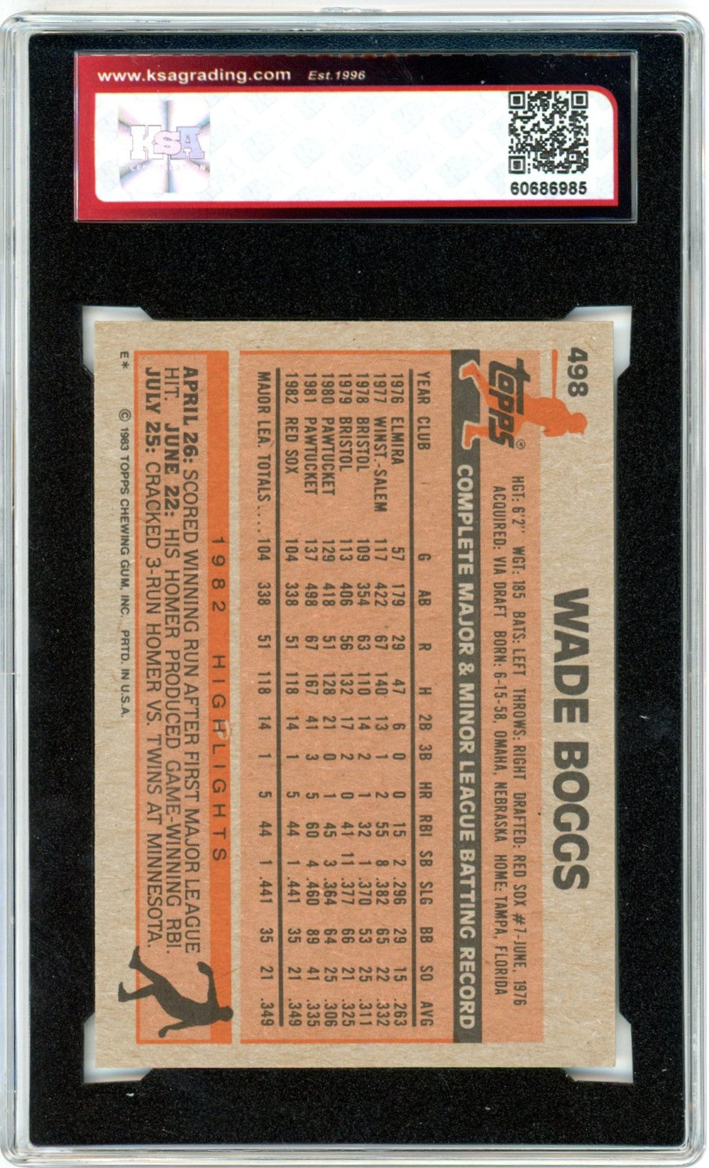 1983 Topps Wade Boggs #498 Graded Rookie Card KSA 7
