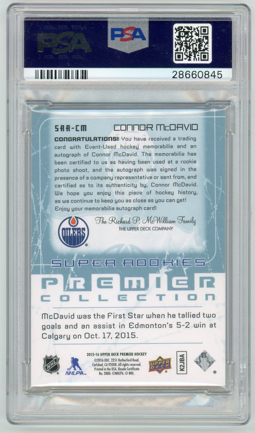 2015 Upper Deck Premier Connor McDavid Autograph Super Rookie Patch Card PSA 10 /49