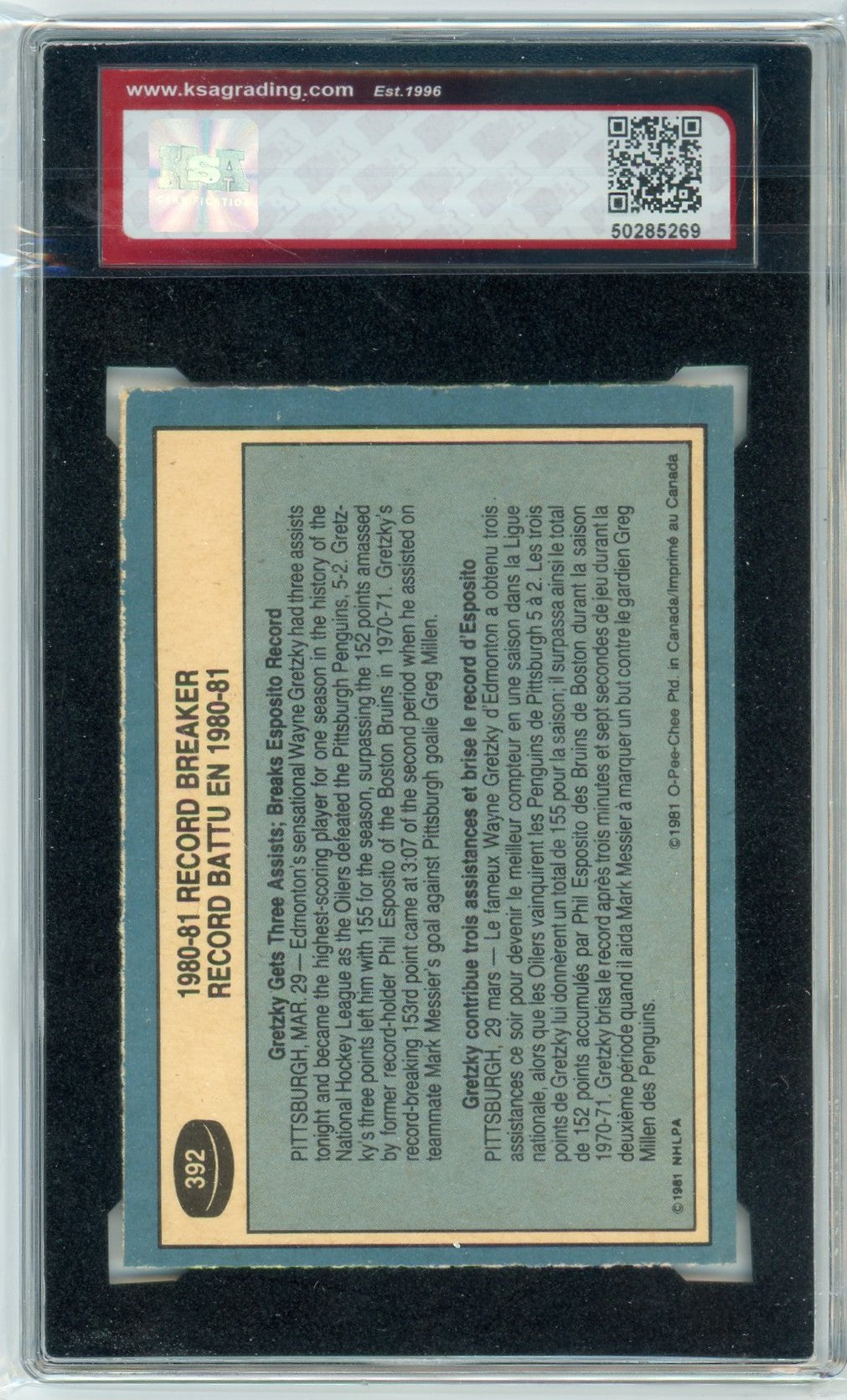 1981/82 OPC O-Pee-Chee Wayne Gretzky Record Breaker Graded Card #392 KSA 7.5