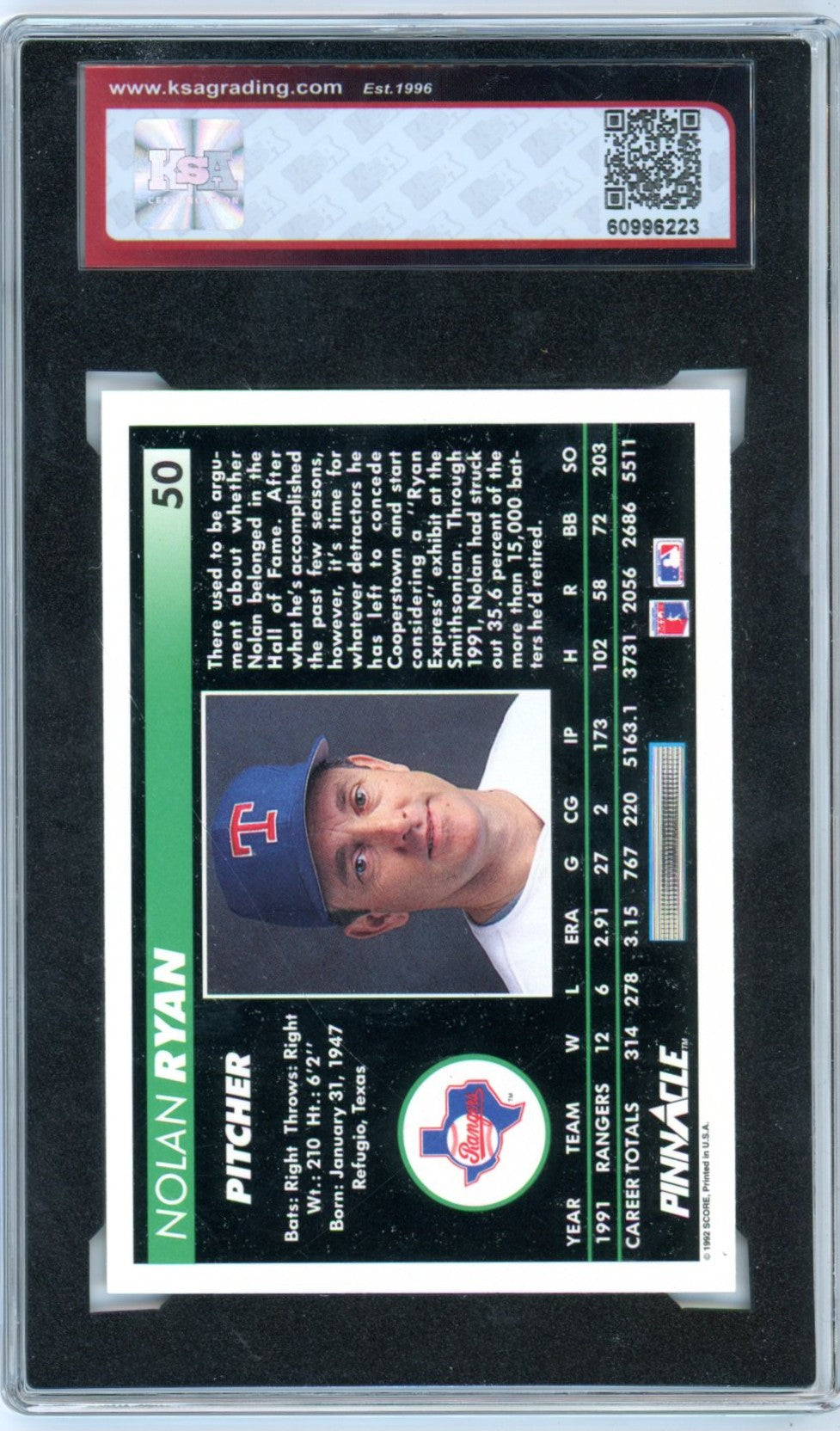 1992 Pinnacle Nolan Ryan #50 Graded Baseball Card KSA 9
