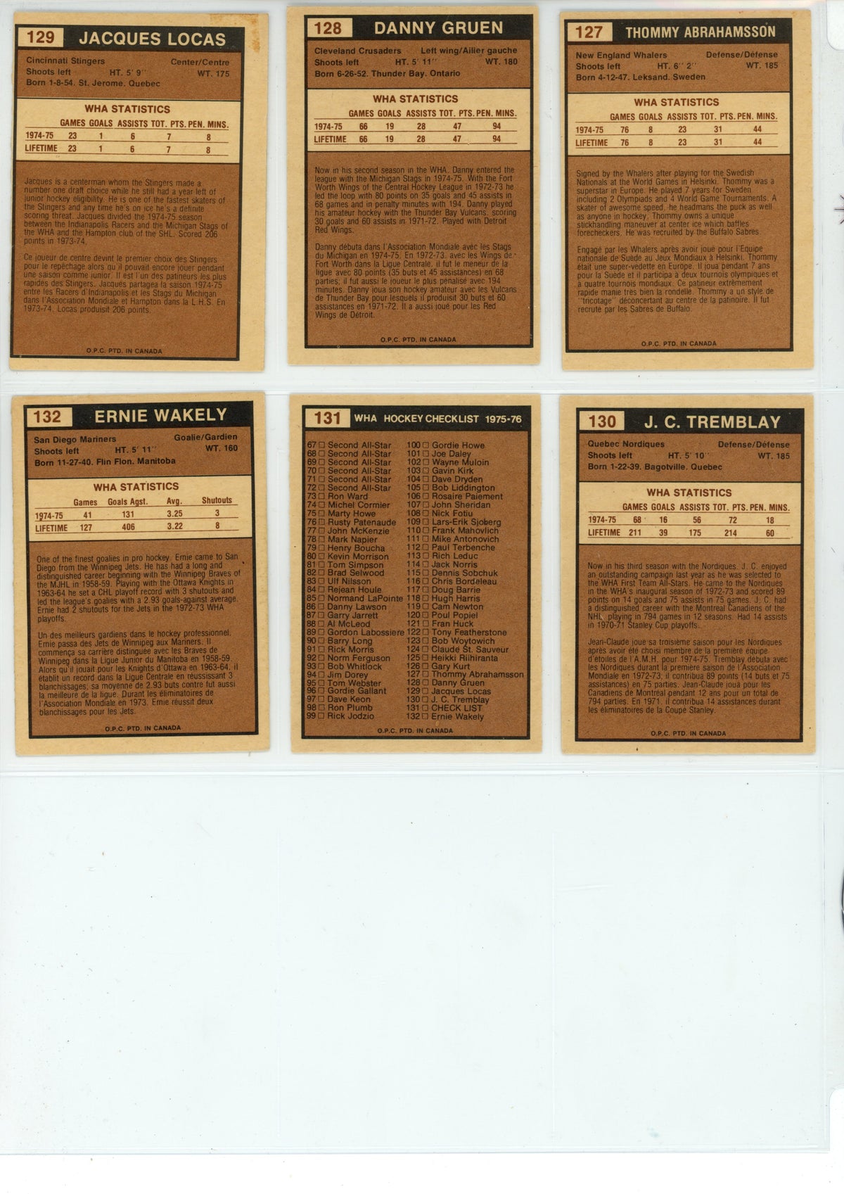 1975/76 O-Pee-Chee WHA Hockey Trading Card Complete Set (132 Cards) - EX/EX+