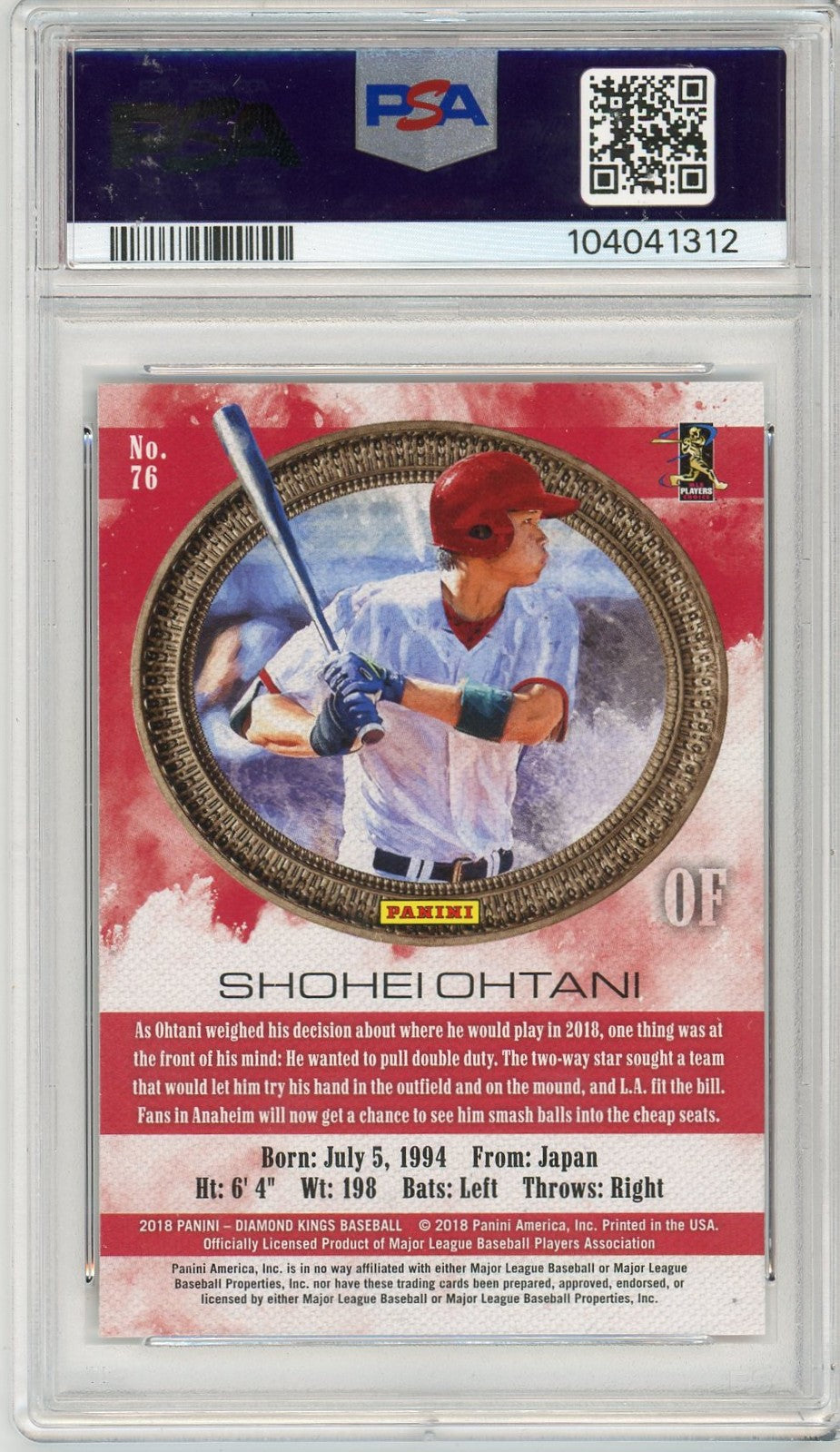 2018 Panini Diamond Kings Shohei Ohtani Graded Rookie Card #76 PSA 10