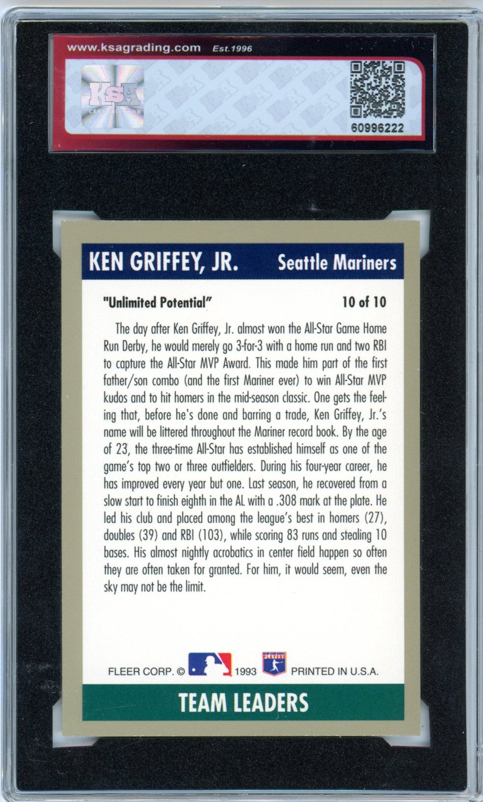 1993 Fleer Ken Griffey Jr. #10 Team Leaders Graded Baseball Card KSA 8
