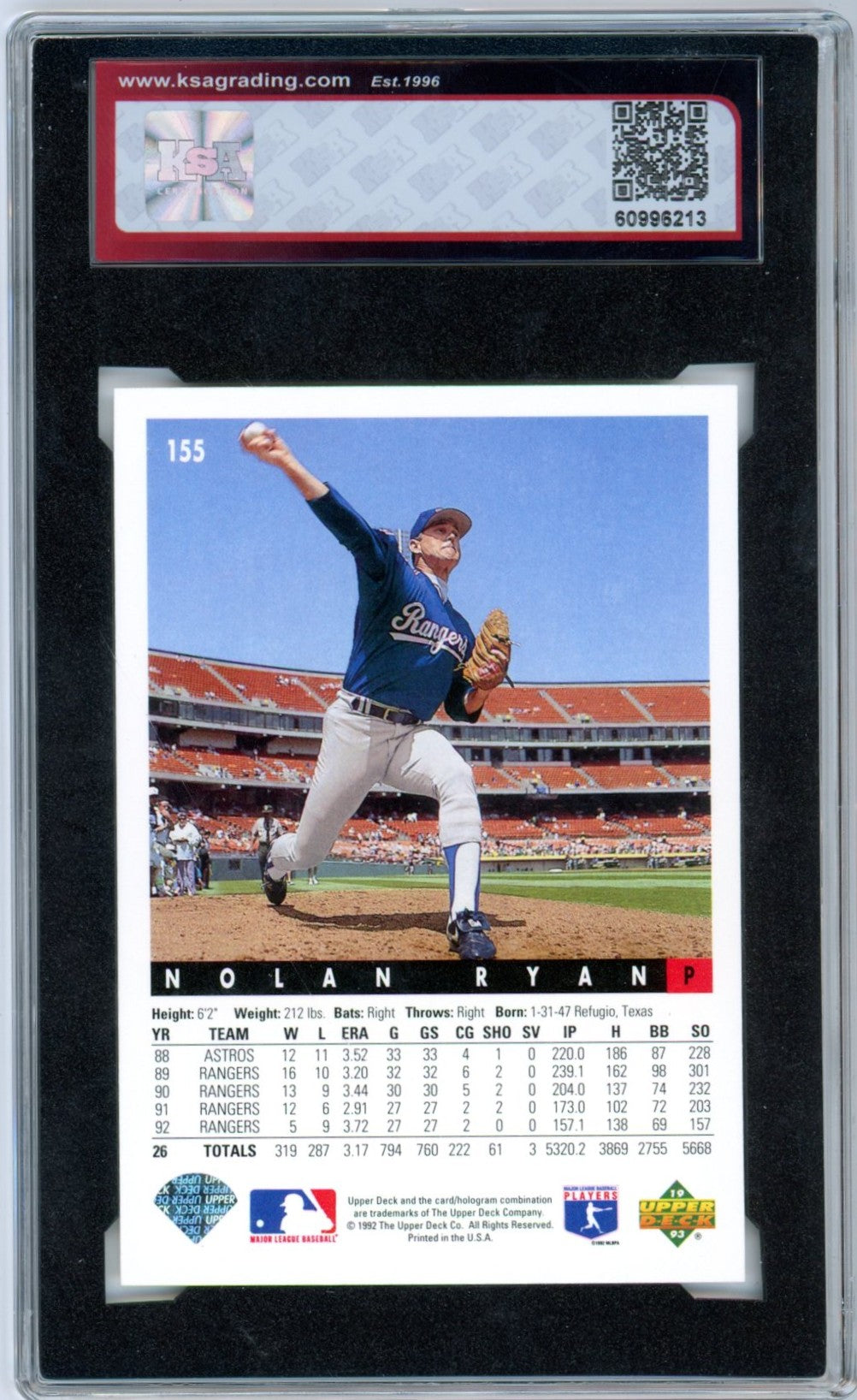 1993 Upper Deck Nolan Ryan #155 Graded Baseball Card KSA 10
