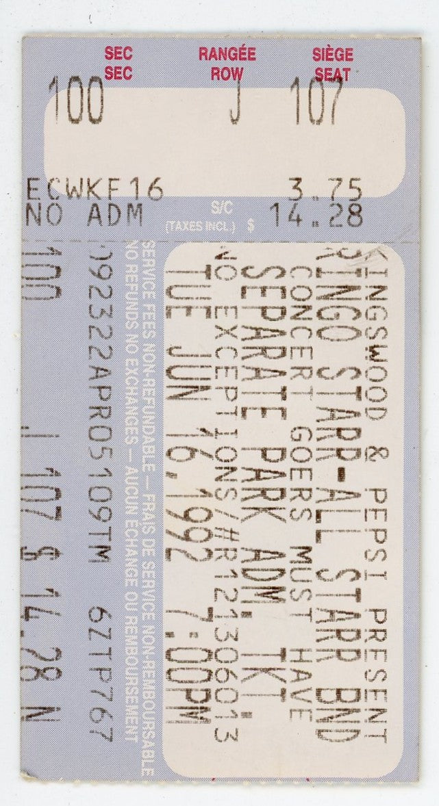 Ringo Starr All-Starr Band Vintage Concert Ticket Exhibition Stadium (Toronto, 1992)