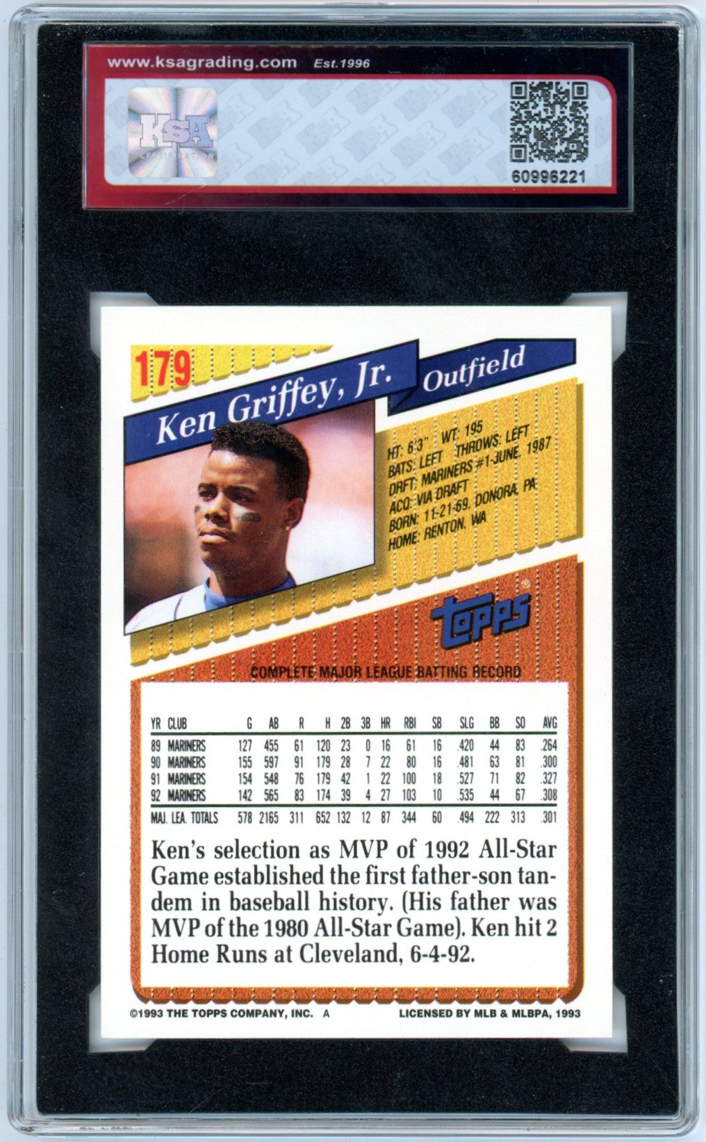 1993 Topps Ken Griffey Jr. #179 Graded Baseball Card KSA 8.5