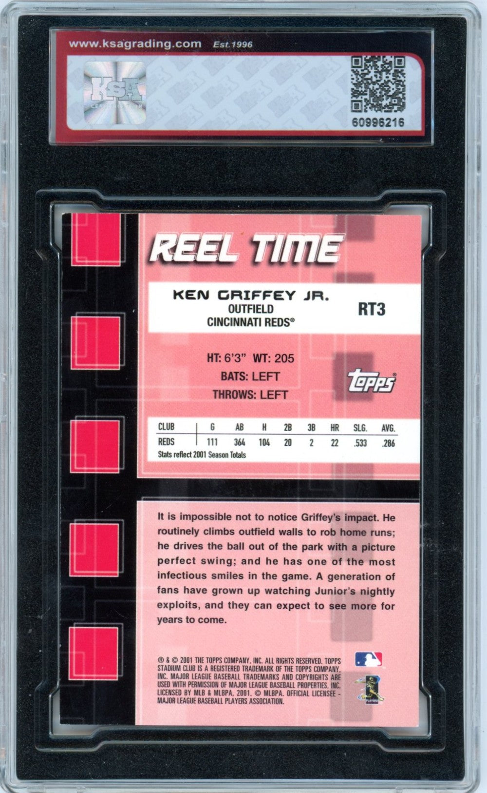 2002 Topps Stadium Club Ken Griffey Jr. #RT3 Graded Baseball Card KSA 7