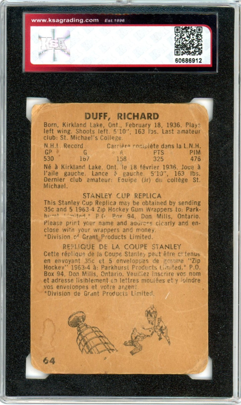 1963/64 Parkhurst Dick Duff #64 Graded Hockey Card KSA 1
