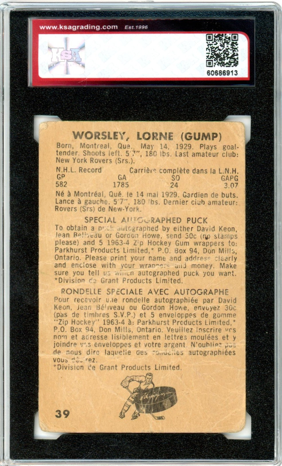 1963/64 Parkhurst Lorne Worsley #39 Graded Hockey Card KSA 1
