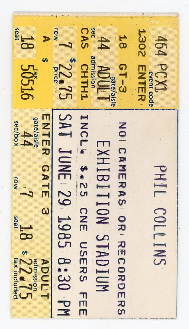 Phil Collins Vintage Concert Ticket Exhibition Stadium (Toronto, 1985)