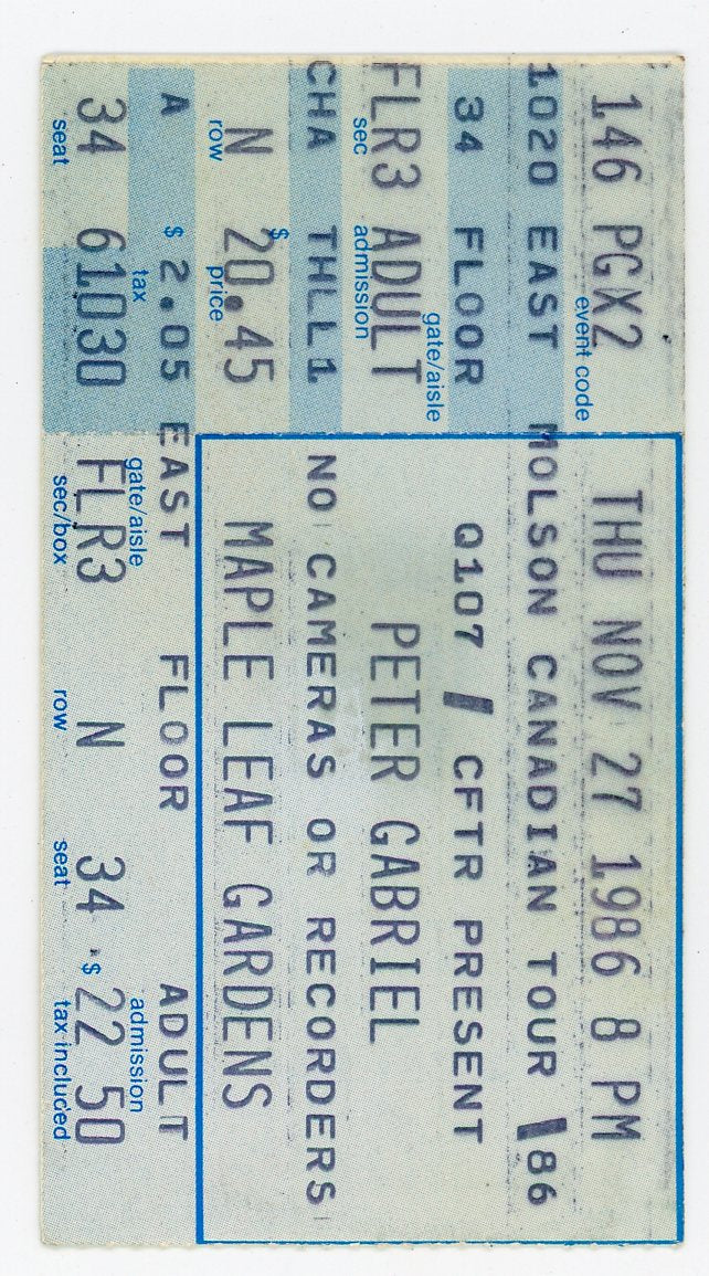 Peter Gabriel Vintage Concert Ticket Maple Leaf Gardens (Toronto, 1986)