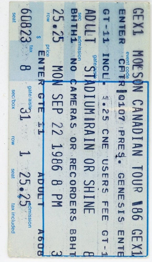 Genesis Molson Canadian Tour Vintage Concert Ticket Exhibition Stadium (Toronto, 1986)